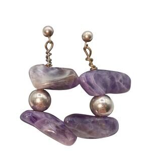 Vintage 925 Sterling Silver Amethyst Stone Silver Bead Dangle Earrings